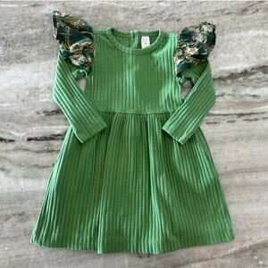 Kate Quinn Organic Green Ribbed Dress, Butterfly Sleeve Detail, Size 2T